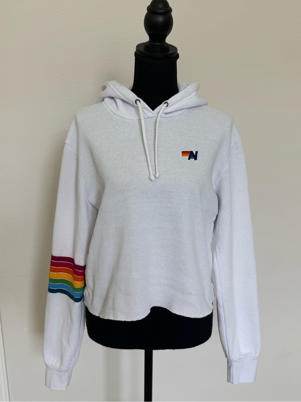 🌈Aviator Nation White Cropped Rainbow Stripe Pullover Hoodie Size Medium - Picture 4 of 8
